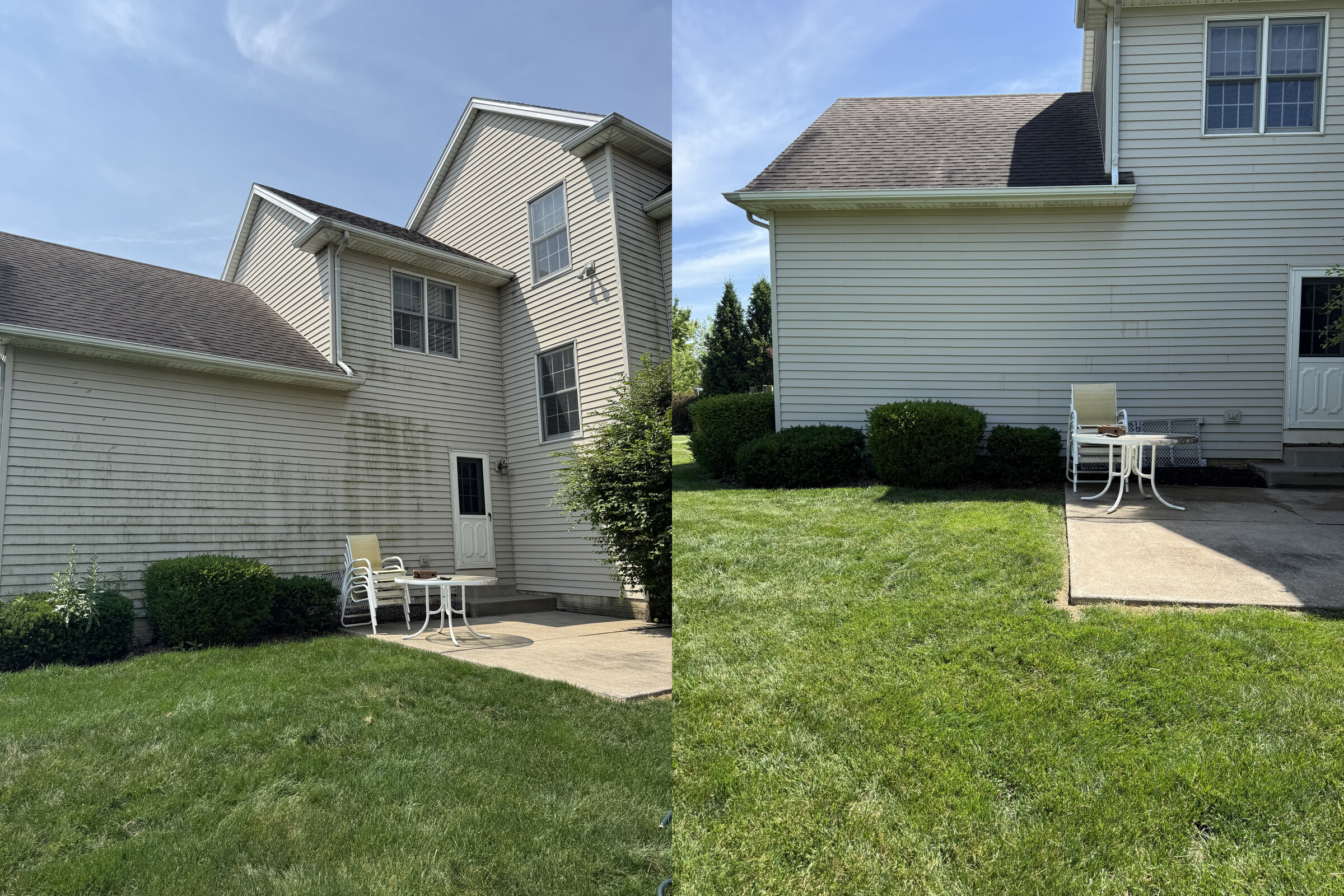 Side of home with heavy green algae before and after soft washing