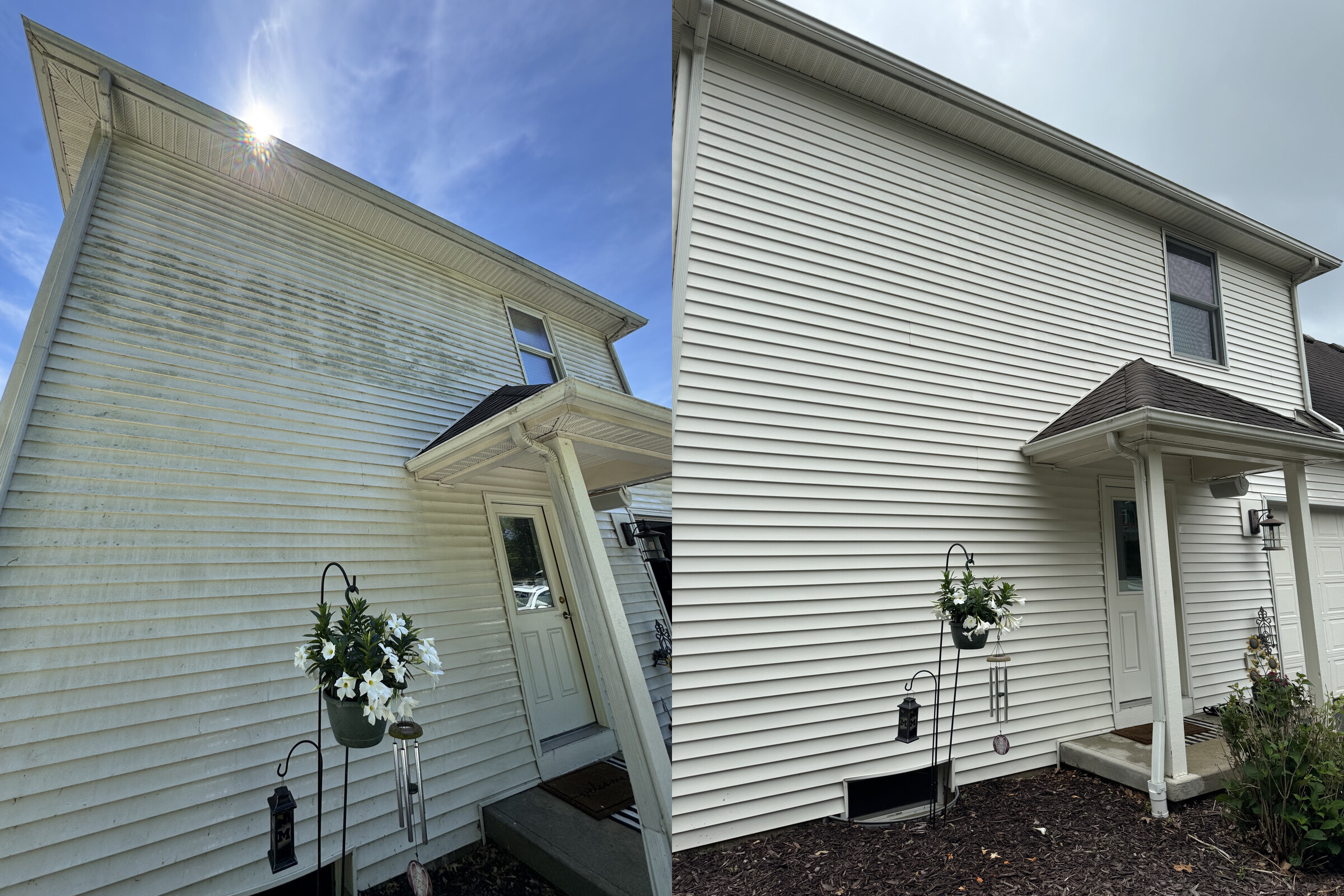 Two-story home siding before and after soft washing — algae and oxidation removed
