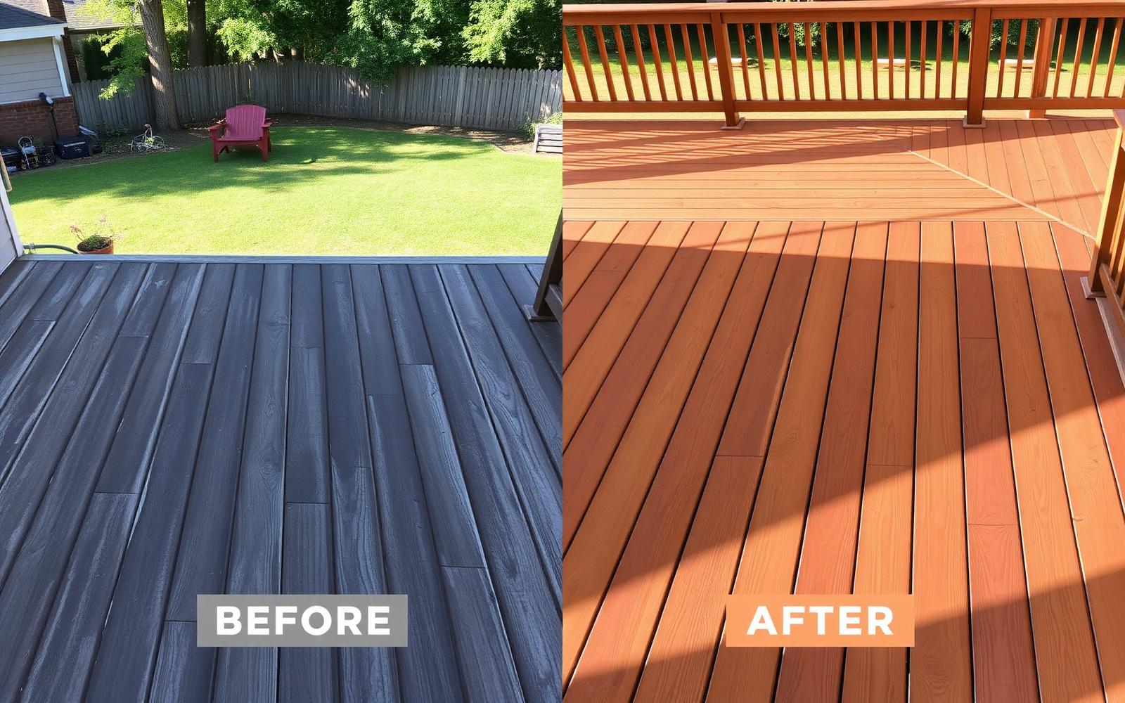 Wood deck before and after cleaning
