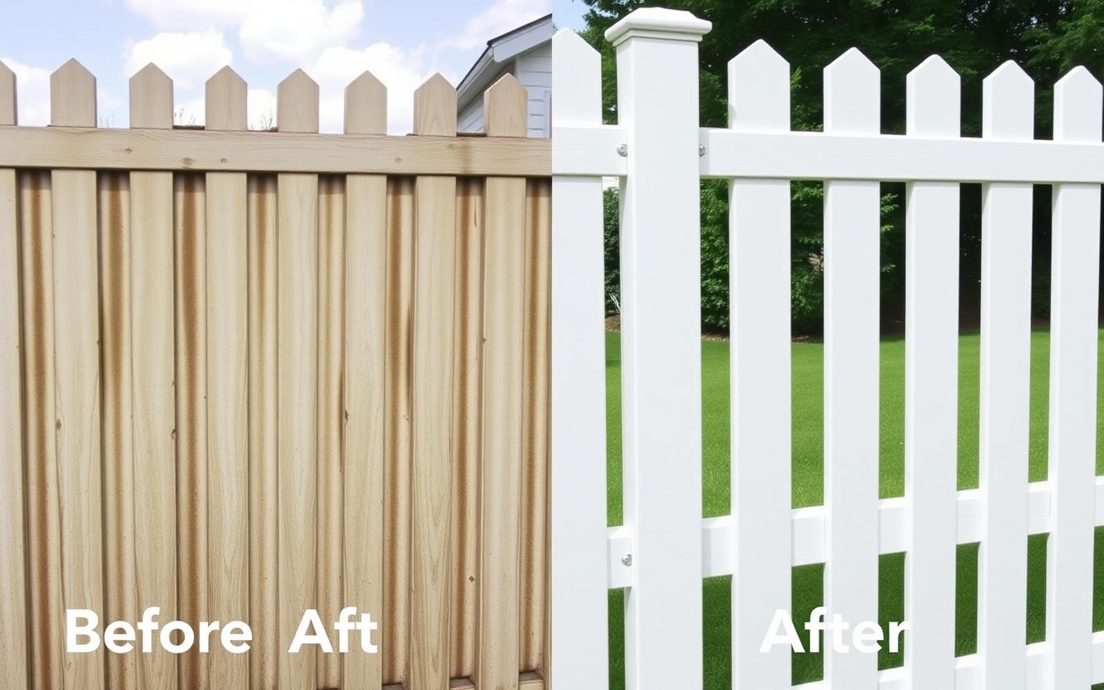 Vinyl fence before and after soft washing